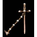 A cultured seed pearl sword jabot pin: approximately 51mm long, 2.5gms gross weight.