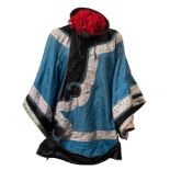 A Chinese blue and black ground silk informal robe and an official's black satin hat: the robe with