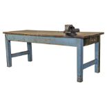 A pre World War II industrial mahogany rectangular work bench:, the plank top on square legs,