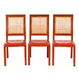 By John Makepeace, a set of eight tan leather covered dining chairs,