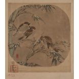 A Japanese painting, signed Bunshin: of sparrows in a bamboo grove,