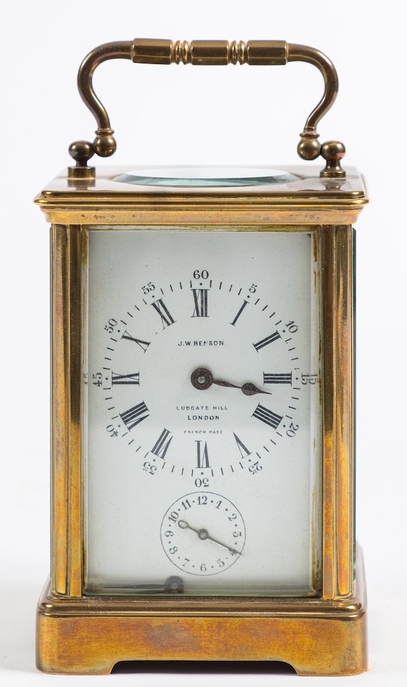 A French Edwardian carriage clock: the eight-day duration timepiece movement having a platform