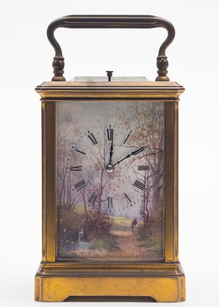 A French Victorian porcelain panelled carriage clock:,