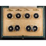 A cased set of Art Deco black onyx and seed pearl mounted octagonal cuff-links and buttons: each