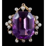 An amethyst and diamond pendant/brooch: the large octagonal amethyst approximately 22.
