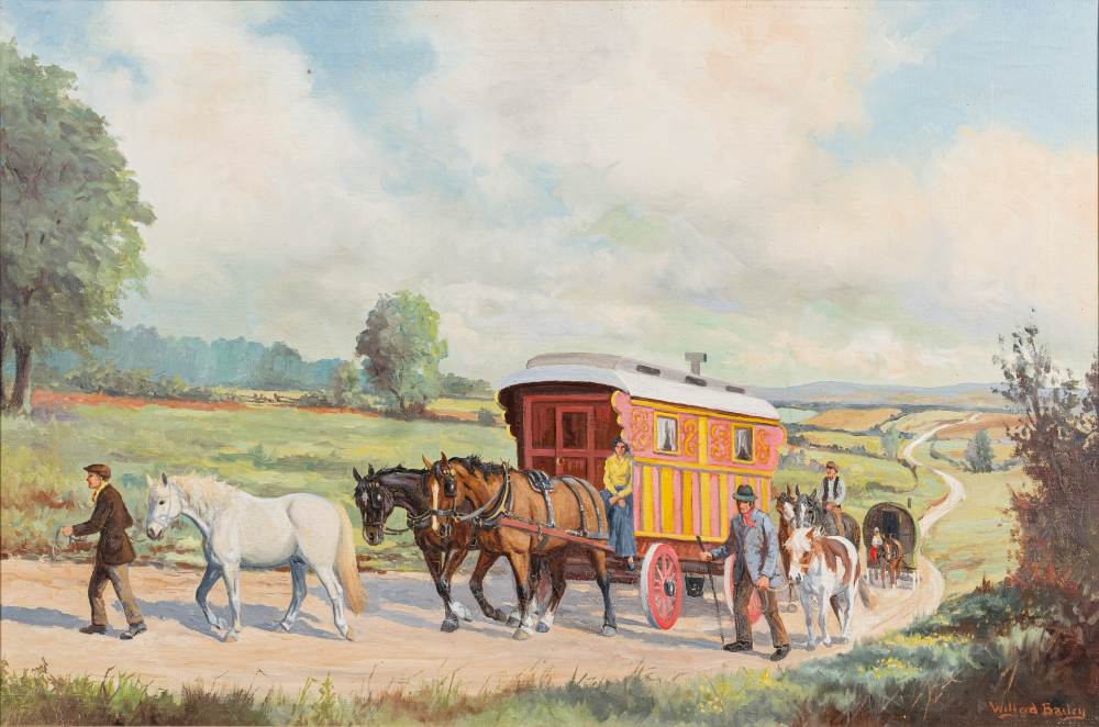 * Wilfred Bailey [20th Century]- Gypsy caravans on a rural lane,