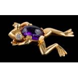 An 18ct gold, cabochon amethyst and diamond set frog pendant: approximately 21mm long,