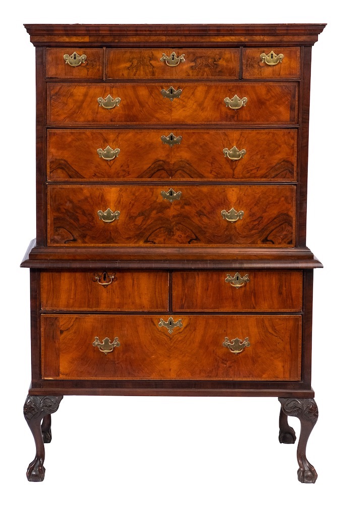 An 18th Century and later walnut and inlaid chest on stand:,