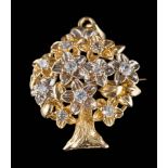 A 'tree' pendant/brooch: with white stone-set flower head motifs, the suspension loop stamped '750',
