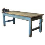 A similar industrial mahogany rectangular work bench:, fitted with a No 23 Record Vice,
