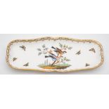 An English porcelain pen tray: painted with a vignette of two colourful birds in a landscape,