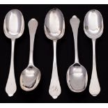 Five early 18th century silver Dog Nose table spoons,: all marks rubbed and worn,