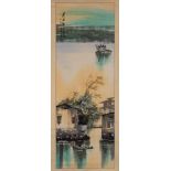 Two Chinese scroll paintings, signed Xue Mo: of buildings and boats by a lake,