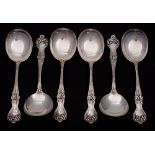 A set of six Sterling silver soup spoons, stamped marks: initialled,