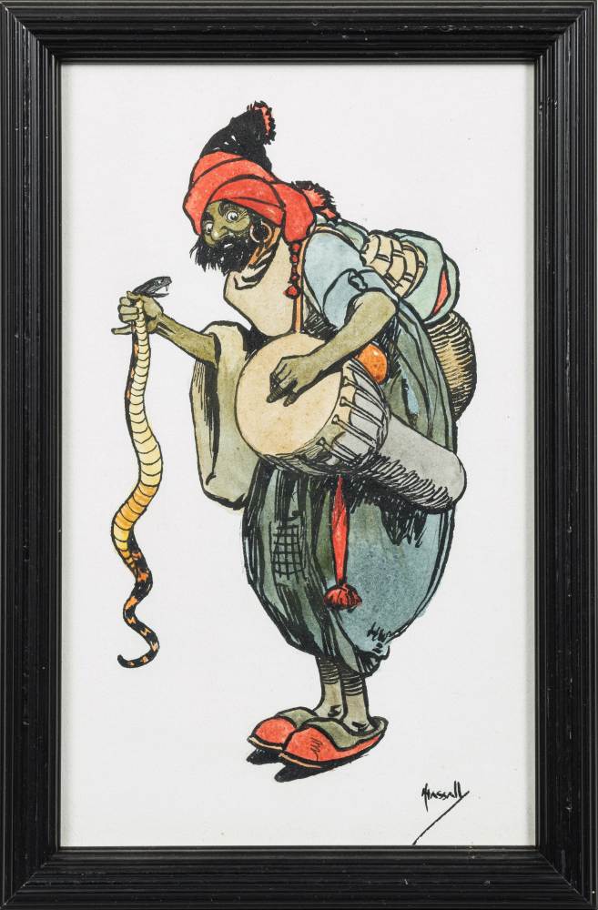 *John Hassall [1868-1948]- Snake Charmer,:- signed, pen, ink and watercolour drawing, 24 x 14.5cm.