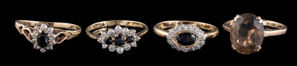 Three 9ct gold cluster rings, six 9ct gold single-stone rings,