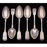 A matched set of six Victorian silver Fiddle pattern dessert spoons,