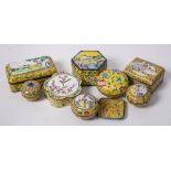 A group of eight Chinese Canton famille rose yellow-ground enamel boxes and covers and a miniature