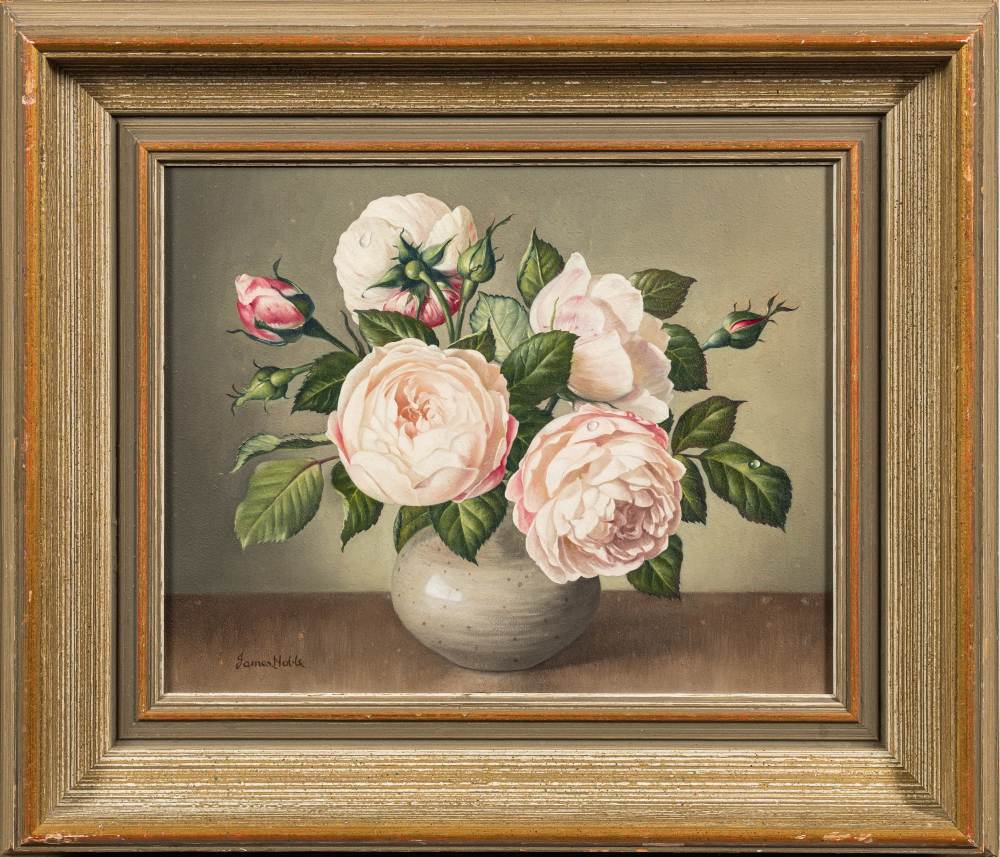 * James Noble [1919-1989]- Mme Pieree Oger; roses in a vase,:- signed bottom left further signed,