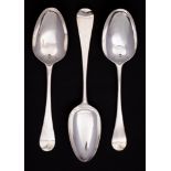 Three George III silver Hanoverian pattern tablespoons, various makers and dates,