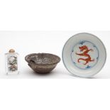 A mixed lot of Chinese ceramics and a glass snuff bottle: comprising an underglaze blue and