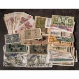 A collection of world banknotes including four Canadian 25c notes: Armed Forces notes,