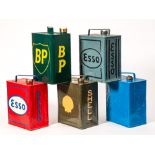 Five various vintage petrol cans: Esso,