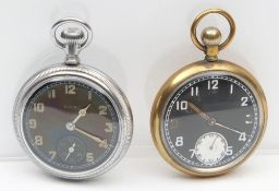 A Military issue open face pocket watch by Elgin: the black dial with luminous Arabic numerals and