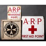 A WWII enamel sign 'ARP First Aid Point': 38 x 38cm,