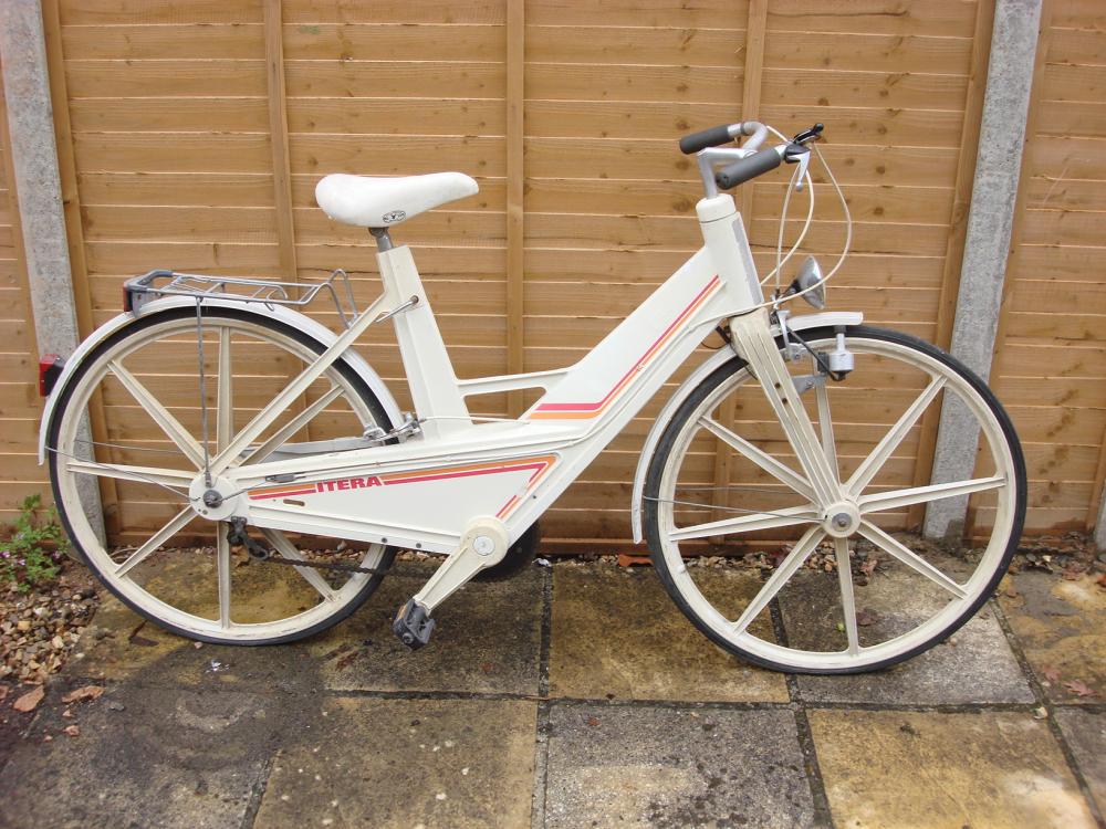 A 1980s Volvo designed Itera plastic touring bicycle: the beige injection moulded step through