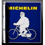 A Michelin Bicycle double sided enamel advertising sign: yellow text over Bibendum on a bicycle on