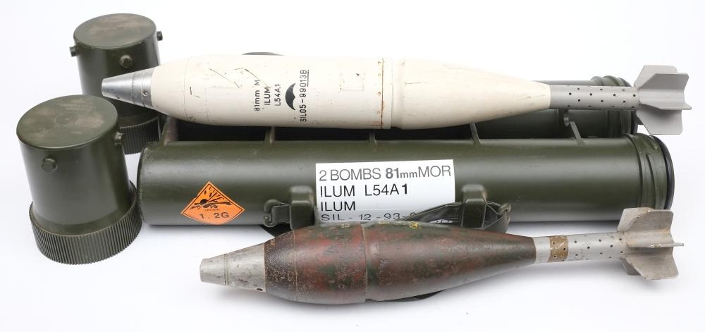 An inert L54A1 81mm mortar illumination round: together with an inert mortar shell,