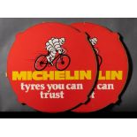 Two Michelin 'Tyres You Can Trust' hardboard bicycle advertising signs: with an image of Bibendum