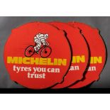 Three Michelin 'Tyres You Can Trust' hardboard bicycle advertising signs: with an image of Bibendum
