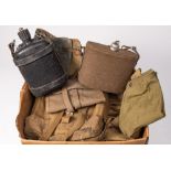 A collection of various canvas webbing and bags together with two water bottles: (a lot)