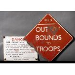 A Northern Command enamel warning sign 'Danger War Department Range': black and red text on white