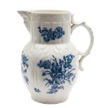 A large Caughley blue and white cabbage leaf mask-head jug: printed in the 'Bouquets' pattern,