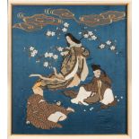 A 20th century Chinese bullion and silkwork picture: depicting three Immortals below prunus blossom