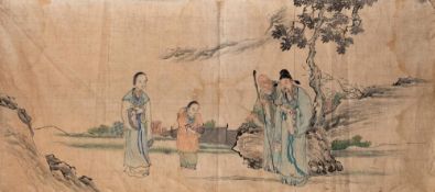 A late 18th century Chinese painted kesi silk panel: finely woven,