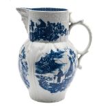 A Caughley blue and white cabbage leaf mask-head jug: printed in the 'Fisherman' pattern,