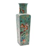 A Chinese famille verte square-section 'lotus' vase: painted overall with birds flying amongst