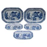 A set of five Chinese blue and white octagonal dishes in two sizes: each painted with a pagoda and