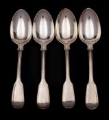 A set of four Victorian silver Fiddle and Thread pattern table spoons, maker John Samuel Hunt,