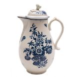 An unusual First Period Worcester blue and white coffee pot and cover: of baluster jug form with
