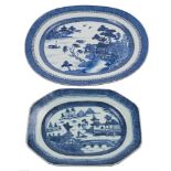A set of three Chinese blue and white oval meat dishes and two similar smaller octagonal dishes:
