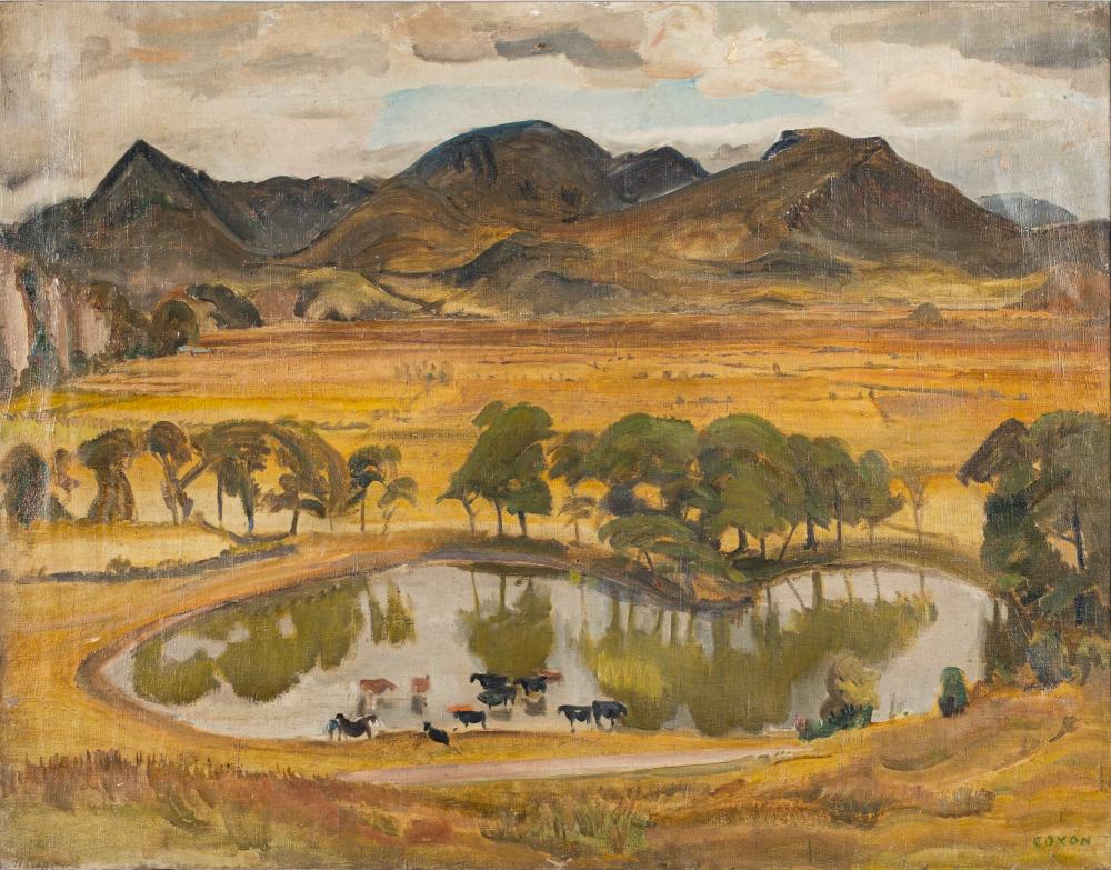 * Raymond James Coxon [1896-1997]- Cattle watering in an upland landscape,:- signed bottom right,