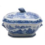A Chinese blue and white tureen and cover: of octagonal form with entwined vine branch handles and