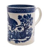 A First Period Worcester blue and white cylindrical mug: printed in the 'Parrot Pecking Fruit'