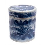 A Chinese cylindrical jar and cover: of cylindrical form painted in blue with an extensive lake