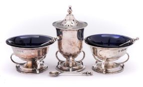 An Edward VII silver three-piece cruet set, maker Josiah Williams & Co, London,
